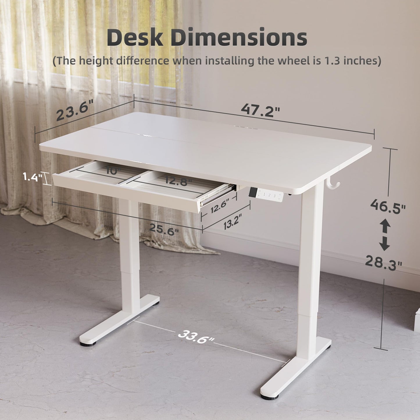 YDN Standing Desk with Drawers, 48 x 24 Inch White Standing Desks Electric Adjustable Height Desk for Computer Workstations, White