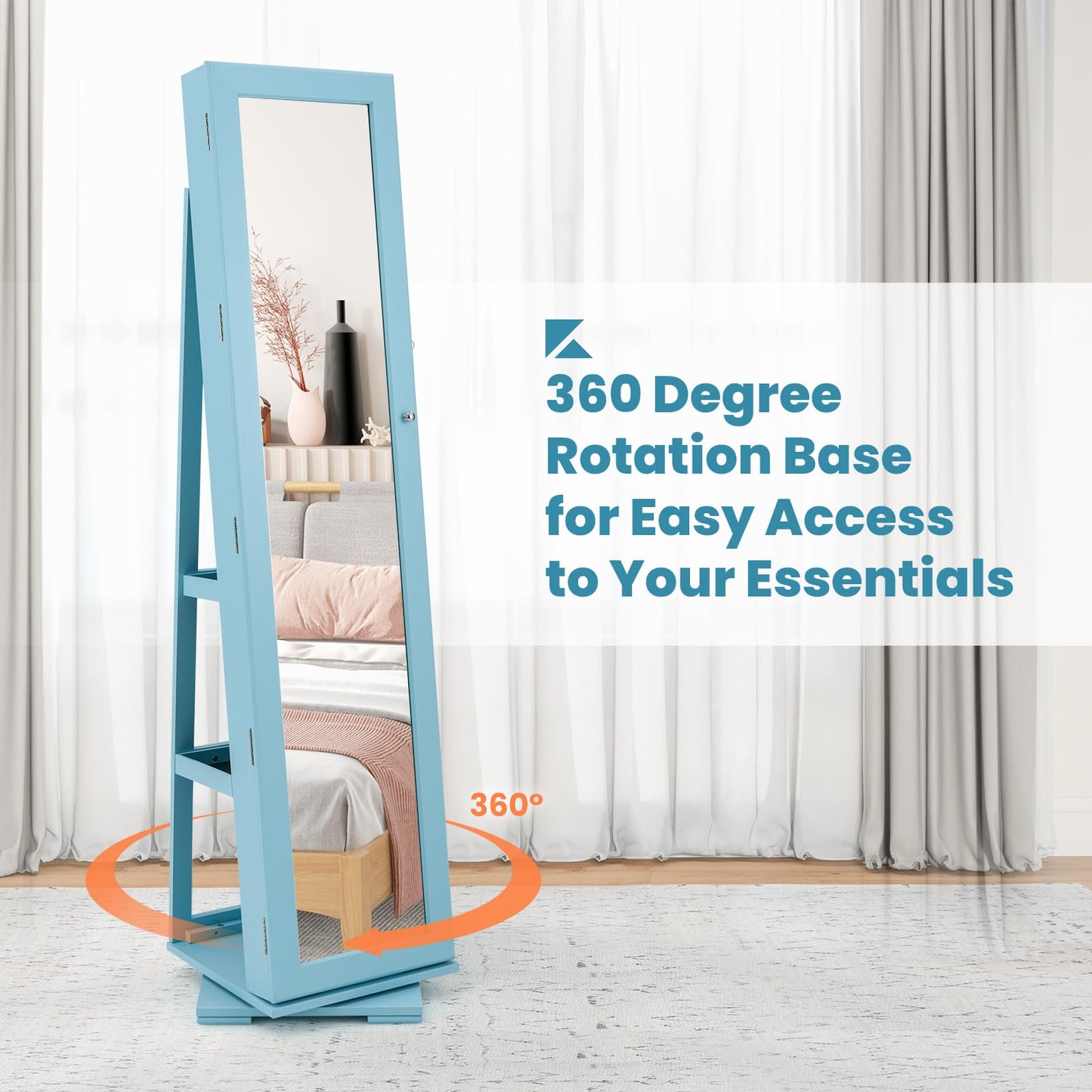MAT EXPERT 360 Rotating Jewelry Armoire with Mirror, Freestanding Jewelry Storage Mirror w/78 Ring Slots, 24 Necklace Hooks, 120 Earring Slots, Lockable Jewelry Organizer for Makeup (Blue)