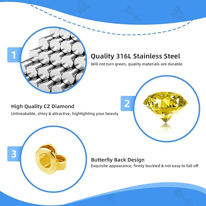 Get the Perfect Ear Piercing with 24 Pcs Premium Ear Piercing Kit - Includes 8 Yellow CZ Stones Earrings and 8 Easy-to-Use Self Ear Piercing Gun - Safe and Painless