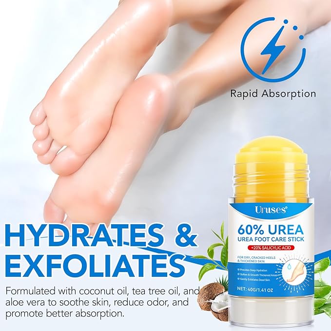 Urea Cream, Intensive Foot Repair Stick 60% Urea with 2% Salicylic Acid Heel Balm Stick, Maximum Strength Callus Remover Foot Care Cream for Cracked Heels, Dry Feet & Rough Skin