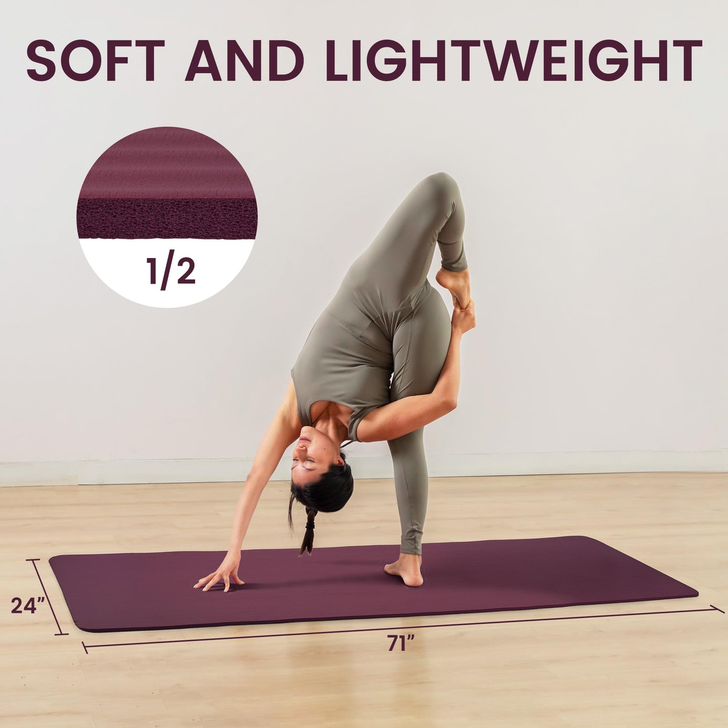 Fitvids 1/2-Inch Thick High Density Foam Exercise Yoga Mat with Carrying Strap, For Cushioning The Body Against Hard Floors, Deep Wine