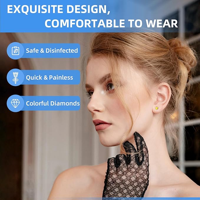 Get the Perfect Ear Piercing with 24 Pcs Premium Ear Piercing Kit - Includes 8 Yellow CZ Stones Earrings and 8 Easy-to-Use Self Ear Piercing Gun - Safe and Painless