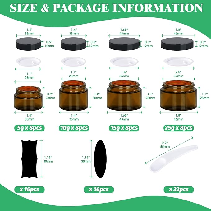 192Pcs 5g 10g 15g 20g Amber Glass Jars Assorted Kit with Black Lids, Inner Liners, Spoons and blank labels for Storing Lip and Body Scrub, Bath Salts, Lotion, Body Butter