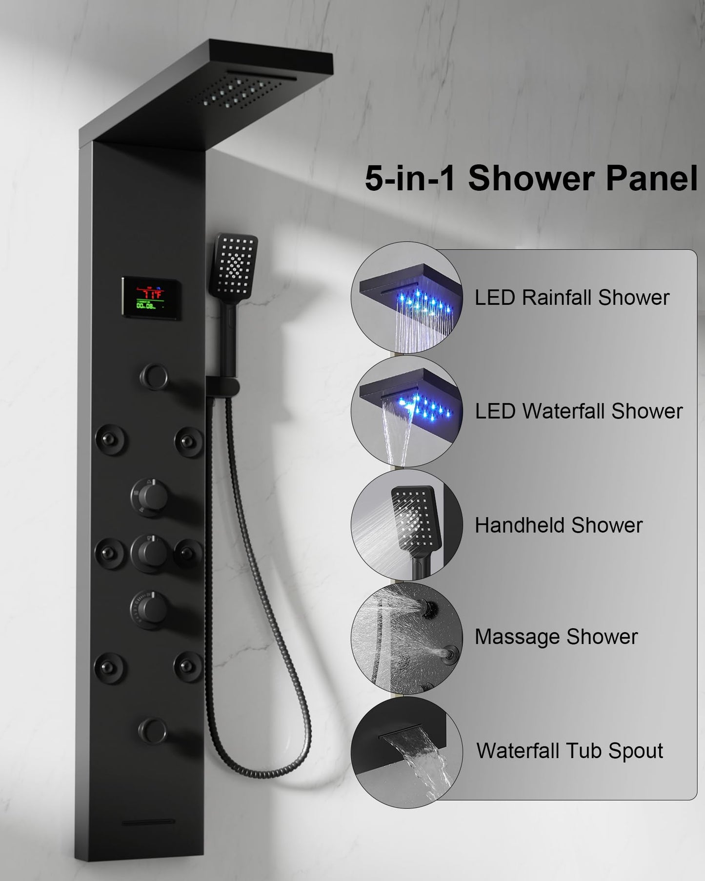 5 In 1 Shower Panel Tower System LED Rain Waterfall Shower Head and Adjustable Massage Body Jets 3 Settings Handheld Head and Tub Spout Stainless Steel Bathroom Panel Matte Black by Homevacious