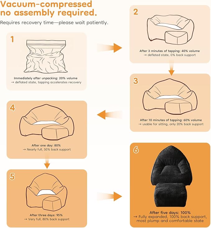 Cloud Large Bean Bag Chair with Ottoman, Corduroy Fabric+35D Memory Foam Big Beanbag Chair for Adults,Lounger Chairs Sofa Boneless Puff Chair for Living Room, Bedroom,Balcony,Playroom (Black)