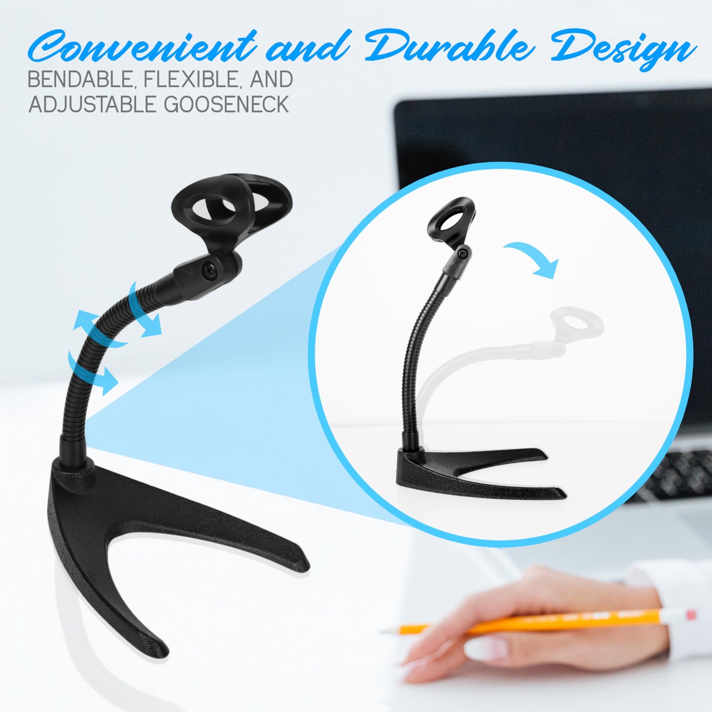 Pyle Universal Adjustable Desktop Microphone Stand - Tabletop Mic Holder Low Profile Mic Stand W/ Flexible 8.2 Gooseneck Mount