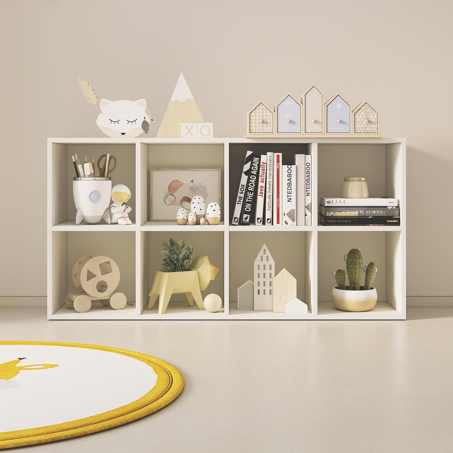 Wood Cube Storage Organizer Closet Cabinet for Living Room Bedroom Study Shelf Bookcase Wooden Floor Standing Open Bookshelf for Kids Home Office Display Storage Cabinet (White, 8-Cube, 11.81in)