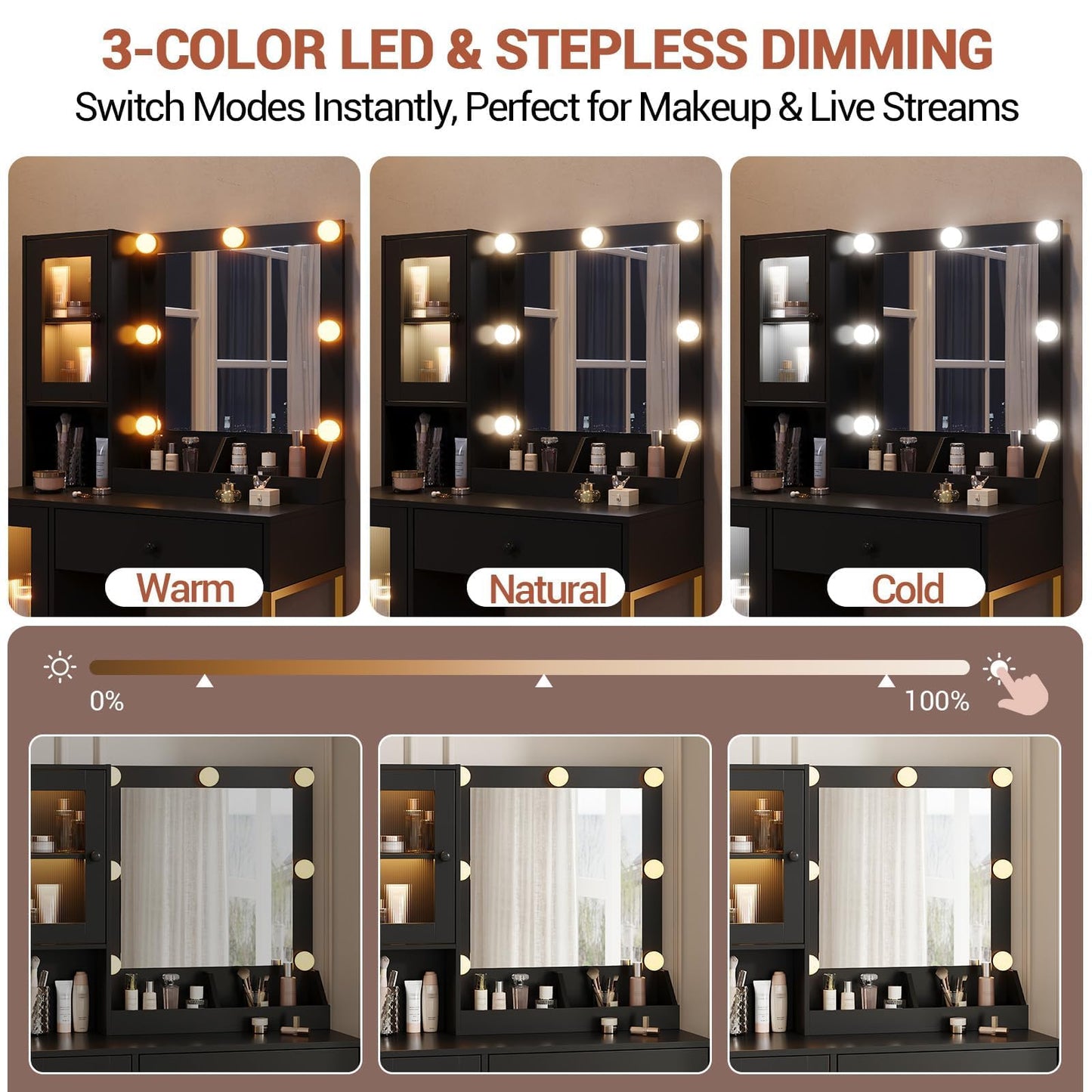 IDEALHOUSE Makeup Vanity Desk with Mirror and Lights, Vanity Table with Charging Station, 2 Open Compartments, 2 Acrylic-Door Cabinets, and RGB Lights Wood Dressing Table for Bedroom