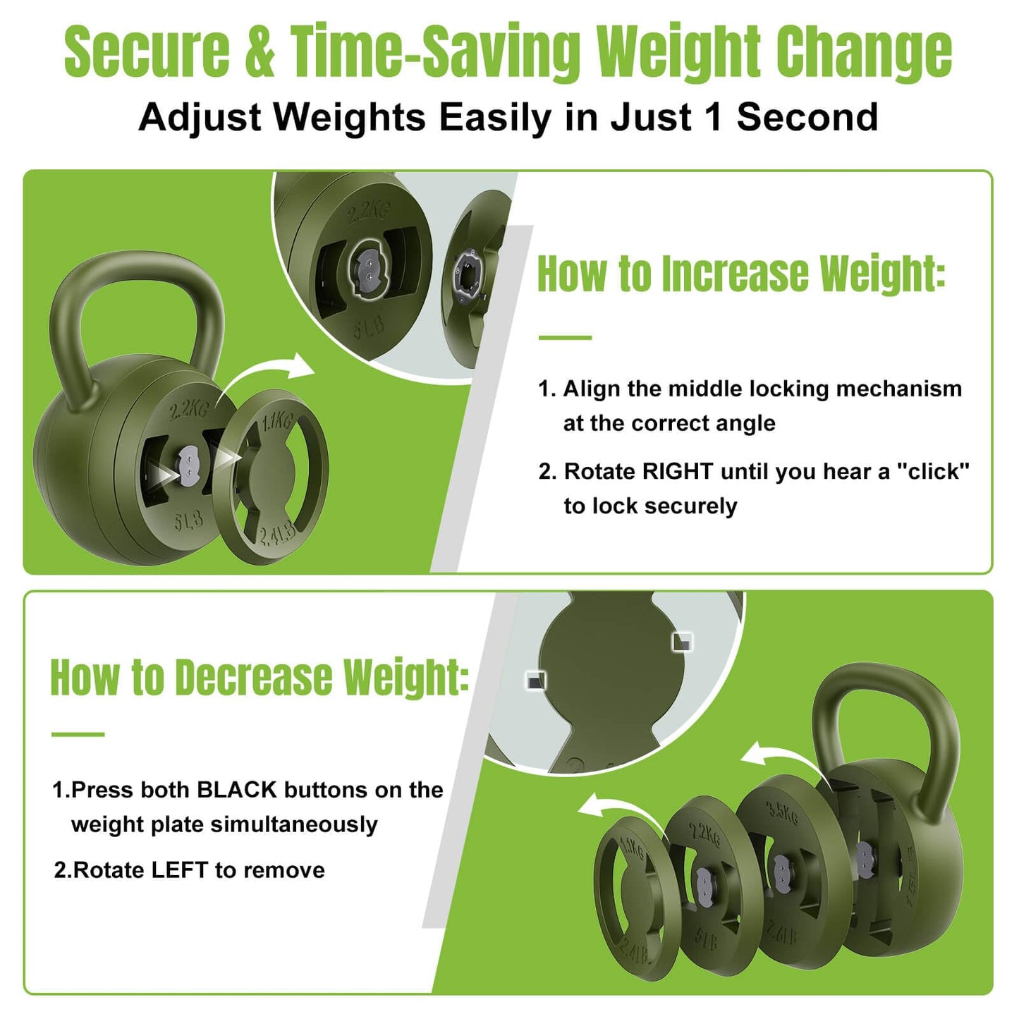 Hezeyferg 2-in-1 Adjustable Kettlebell, 15-45 LB Kettlebells Weight Set with Wide Grip, 4.8-30 LB Dumbbell Weights for Home Gym Strength Training (Green)
