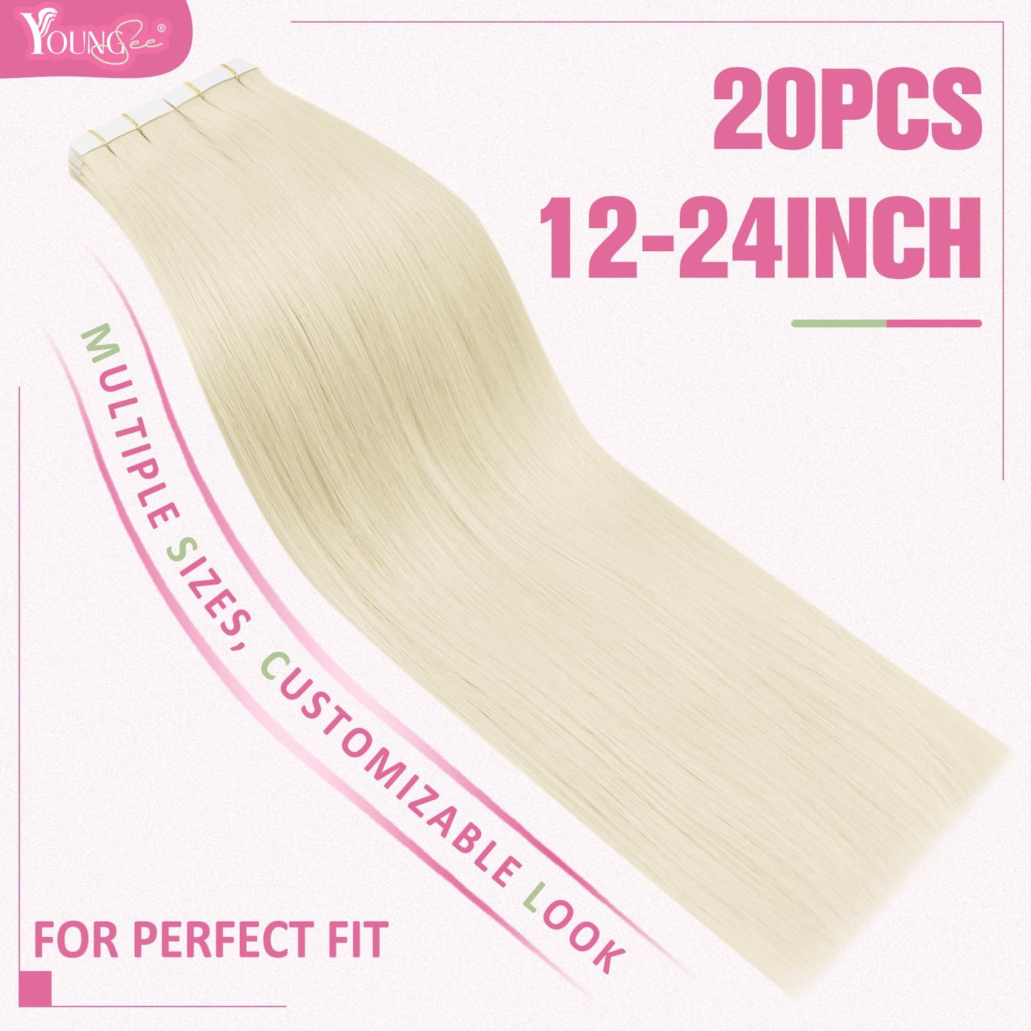 YoungSee Platinum Blonde Tape in Hair Extensions Real Human Hair 22In Platinum Blonde Tape in Hair Extensions 20pcs Invisible Ta
