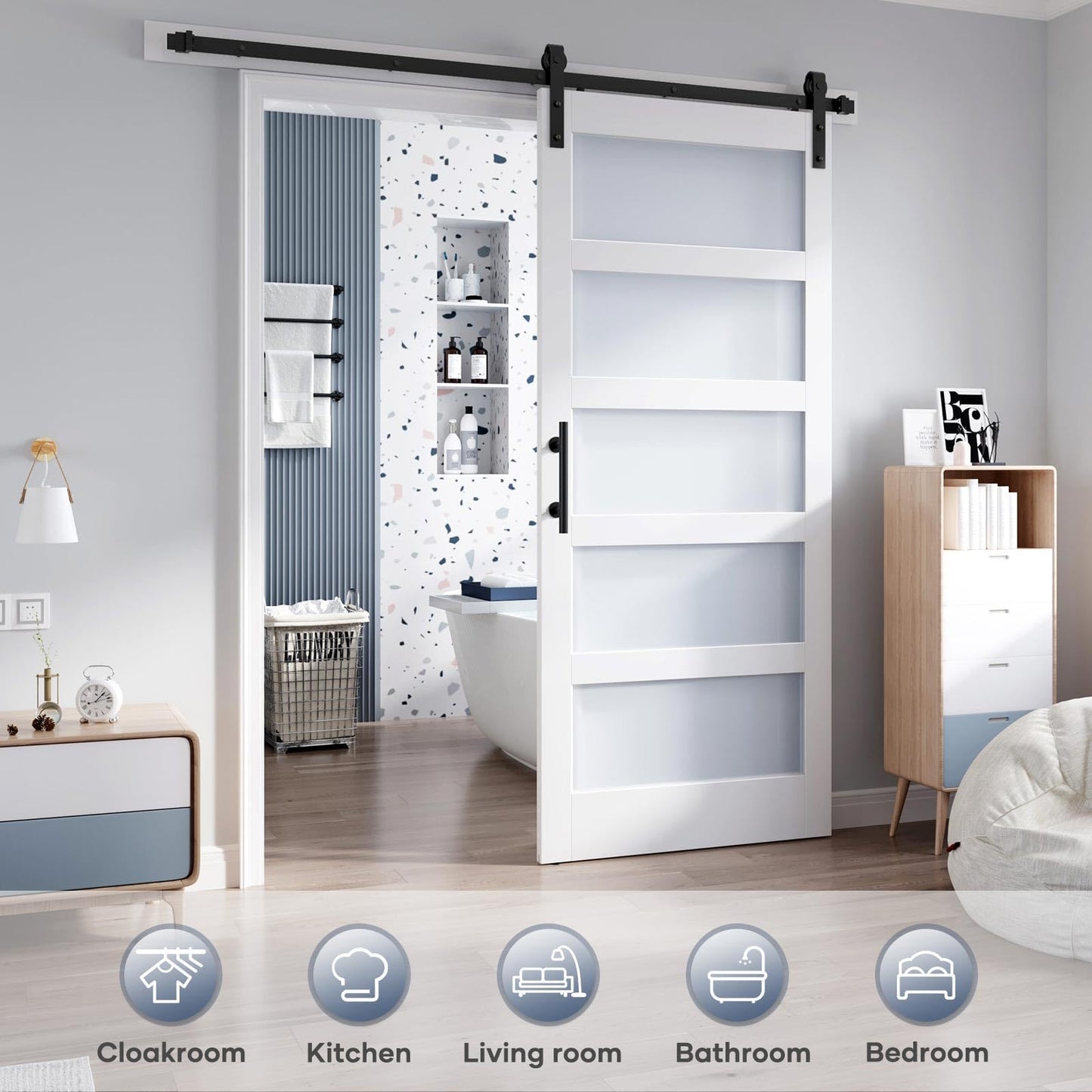 ROYMELO 36x84 Inch Glass Sliding Barn Door Slab and 6.6ft Hardware Kit Included, 5 Frosted Glass, LVL Wood Panel Covered with White Water-Proof Scratch-Proof PVC Surface, Simple DIY Assembly