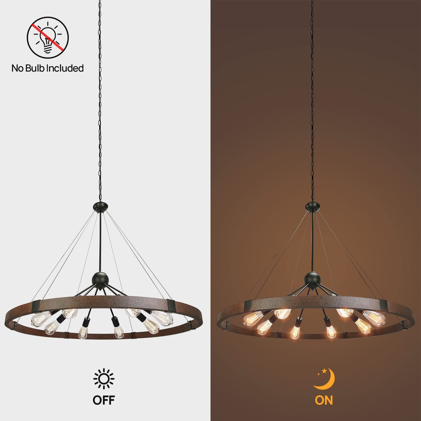Klgxnrd 38.2'' Large Farmhouse Wagon Wheel Chandelier for Living Room, 8-Light Rustic Round Metal Light Fixtures for Dining Room Entryway Kitchen Island, Vintage Rust and Black Finishes