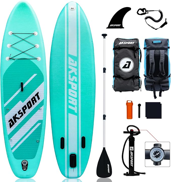 AKSPORT Inflatable Stand Up Paddle Board, SUP Board with All Accessories, Wide Stable Design, Non-Slip Deck, Inflatable Pa...