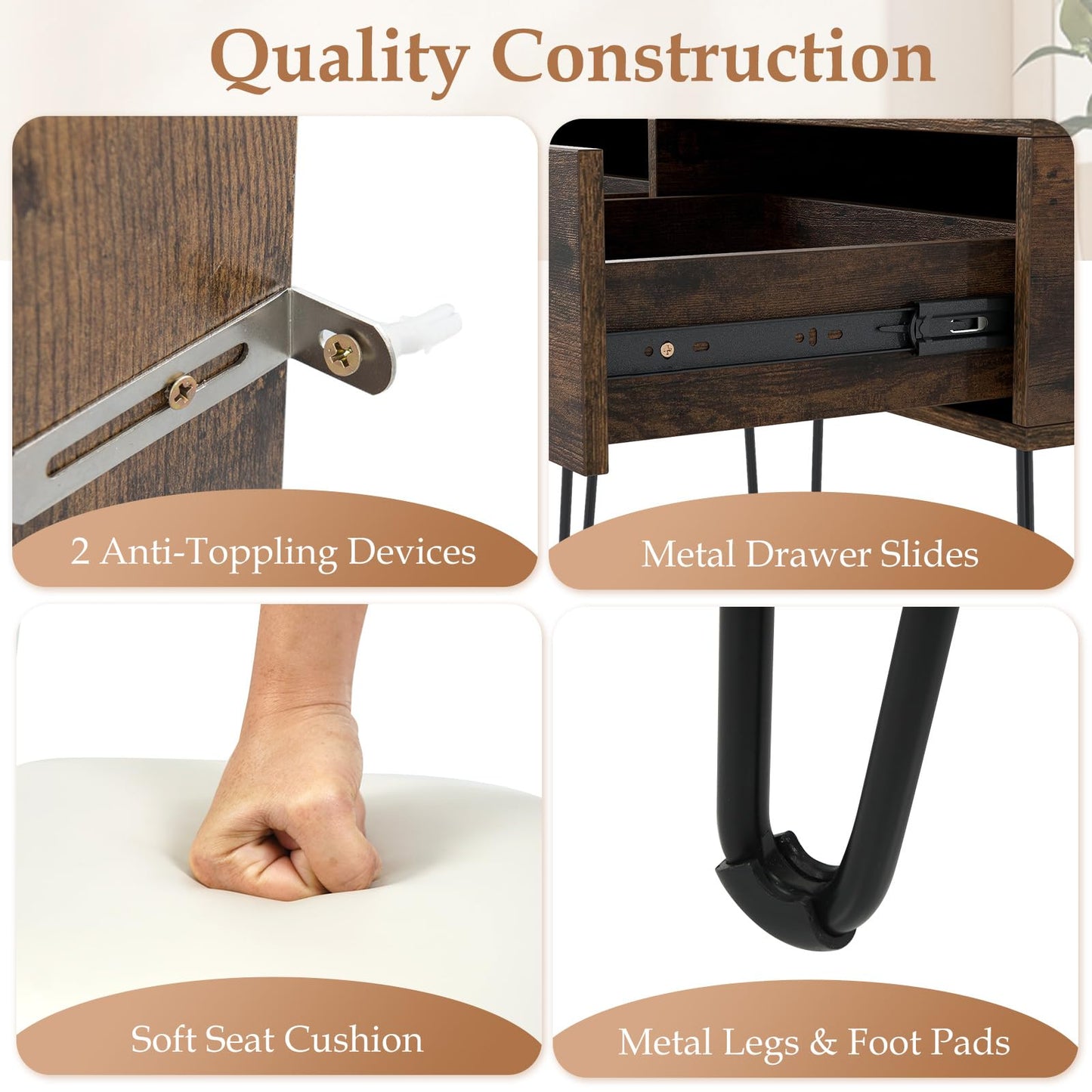 CHARMAID Vanity Desk with LED Lighted Mirror & Charging Station, 2 Drawers, 3 Color Lighting, Metal Legs, Makeup Vanity Table with Stool for Bedroom, Rustic Brown & Black