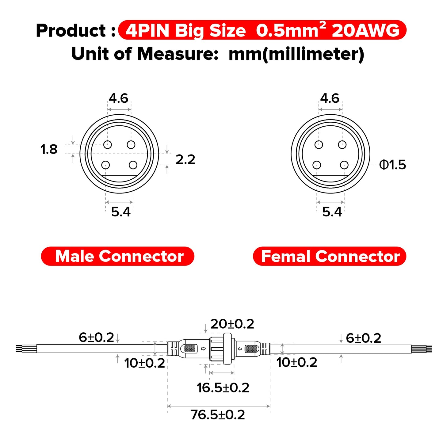 BTF-LIGHTING 5 PCS 4 Core 4 PIN Black Plastics IP65 T Shape Tee Big Size Connector 1 Male Ends 2 Female End 0.5mm²/20AWG 22mm Nut