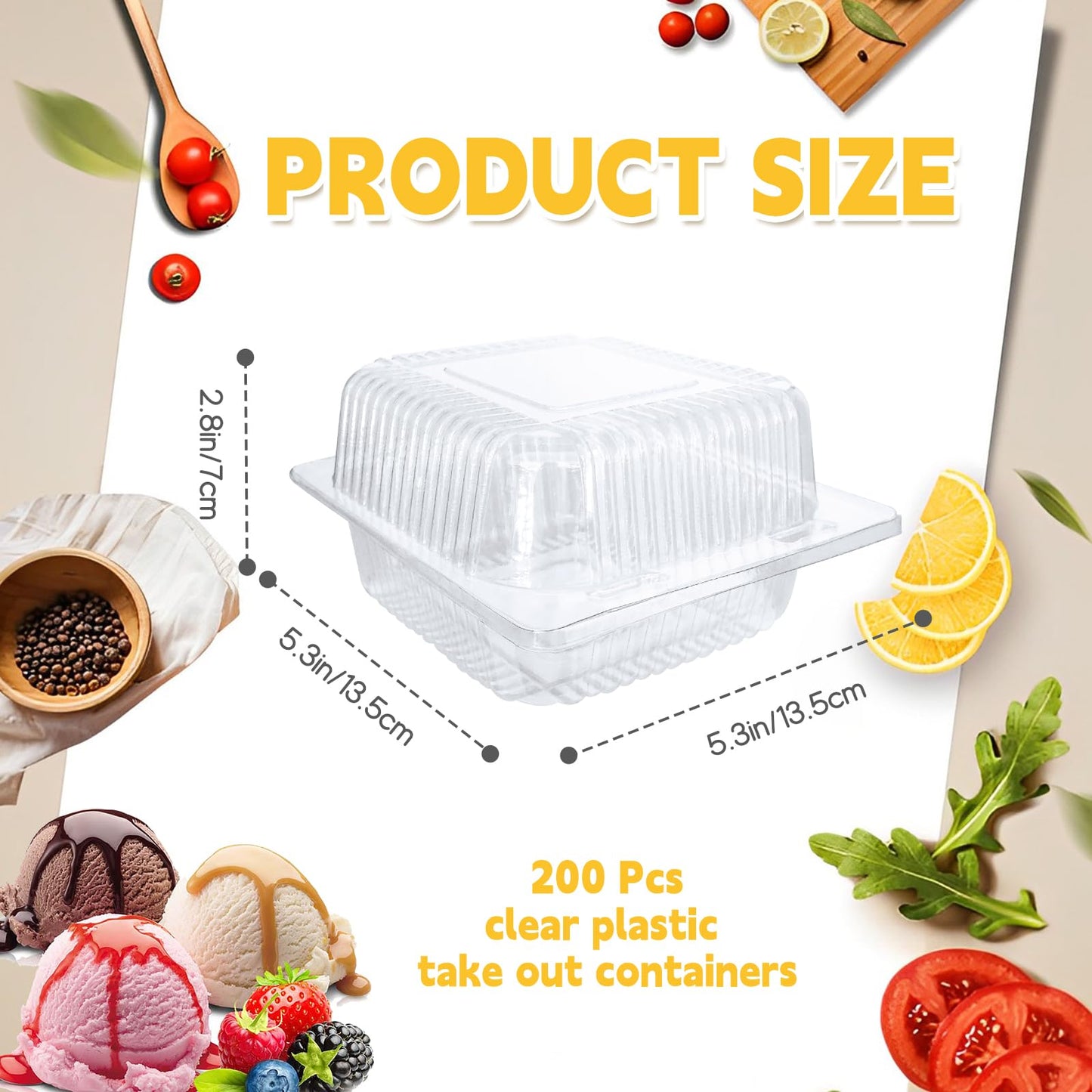 Jizvxe 200 Pcs Clear Plastic Take out Containers,Disposable Fancy Hinged Top Square Clamshell Food Boxes,Cake Slice Containers Clamshell Takeout Tray with Clear Lids,5.3x4.7x2.8 Inch