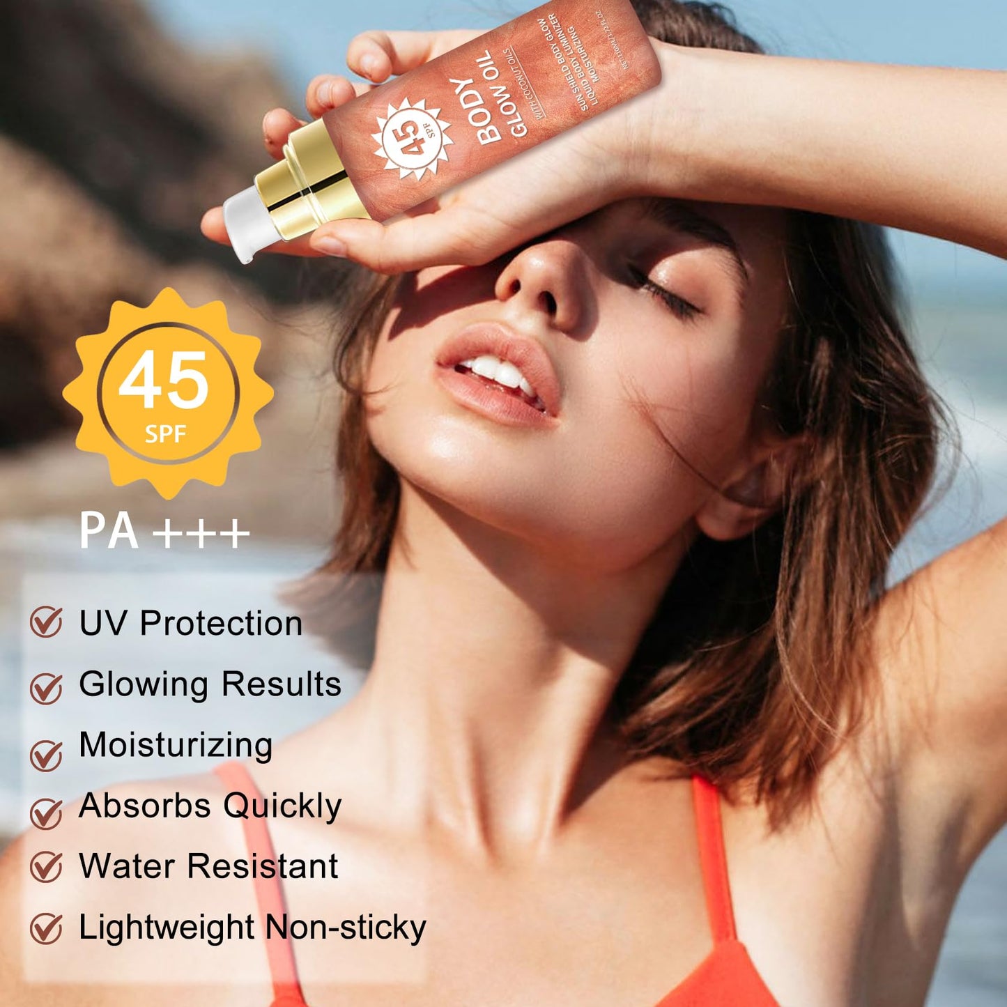 QIUFSSE Body Glow Oil,SPF 45 Broad Spectrum,Body Oil Shimmer Sunscreen with Rose Gold Mica,Lightweight Non-Sticky,Moisturizing C