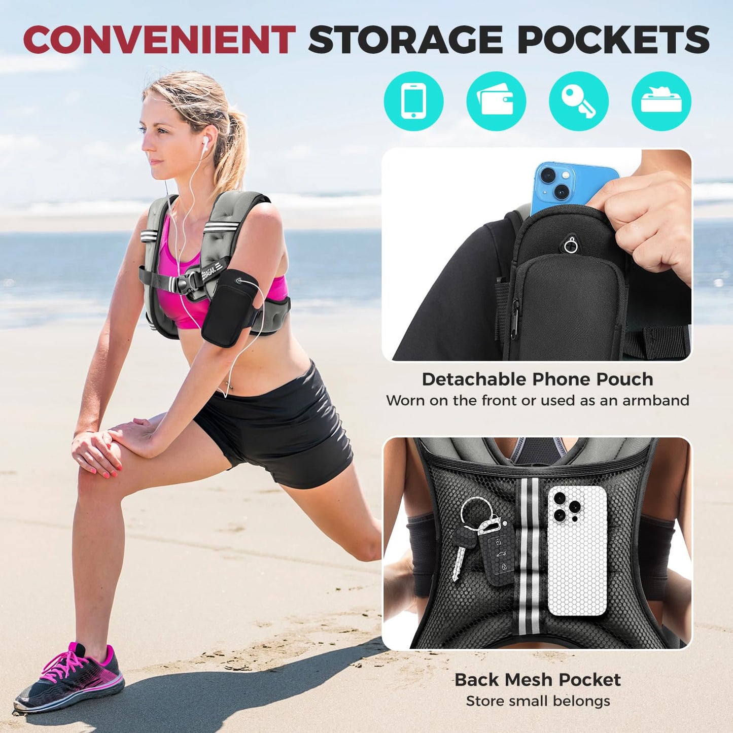 BAGAIL Weighted Vest, 5lb/8lb/10lb/12lb/15lb/20lb/25lb/30lb Weight Vest for Walking & Weight Loss, Reflective Rucking Vest with Phone Pouch for Women & Men, Home Gym & Outdoor Training