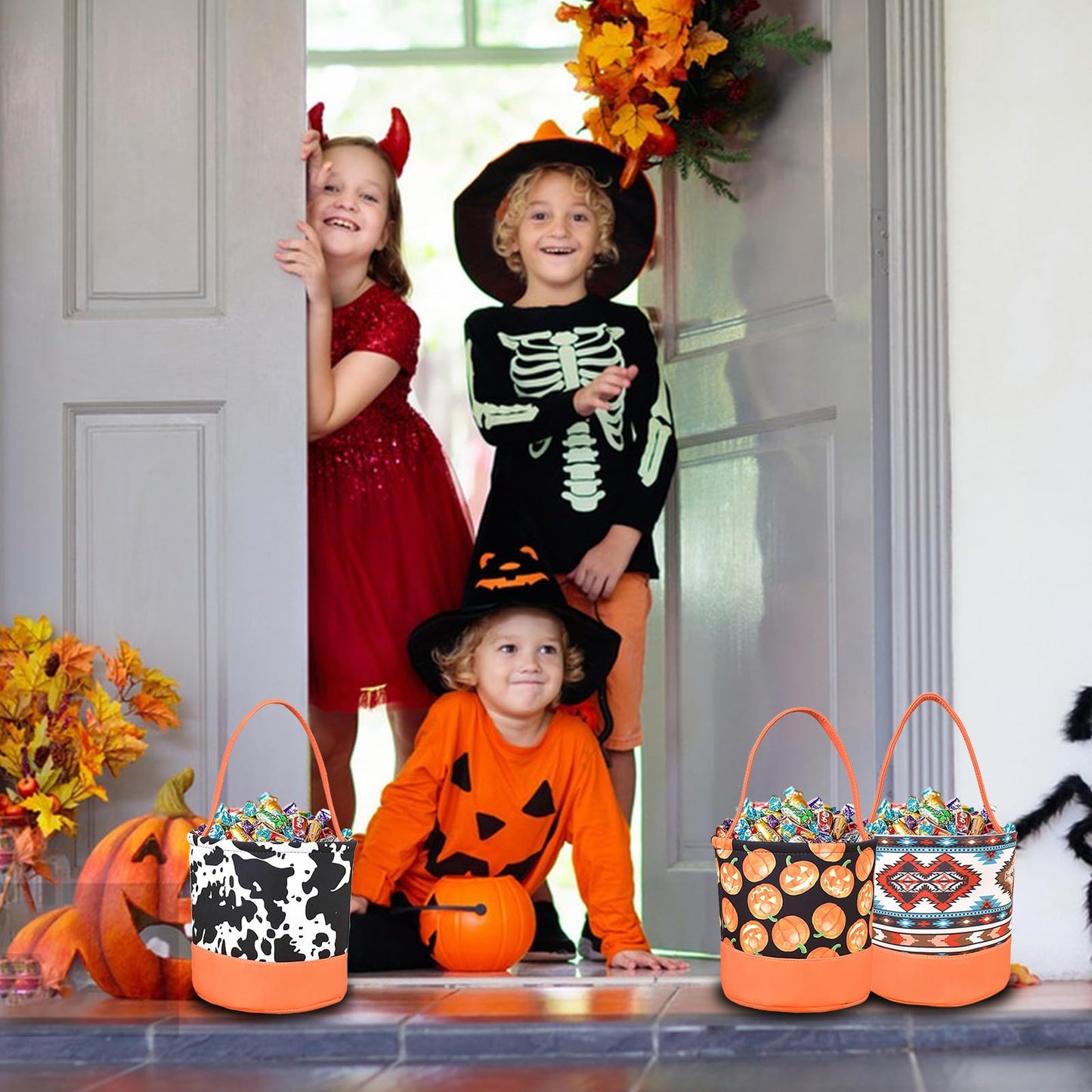 Kprwaal Halloween Trick Or Treat Bags & Baskets, Pumpkin Ghost Designs Candy Storage Bags, Multiple Styles For Halloween Gifts & Decor (Style B1)
