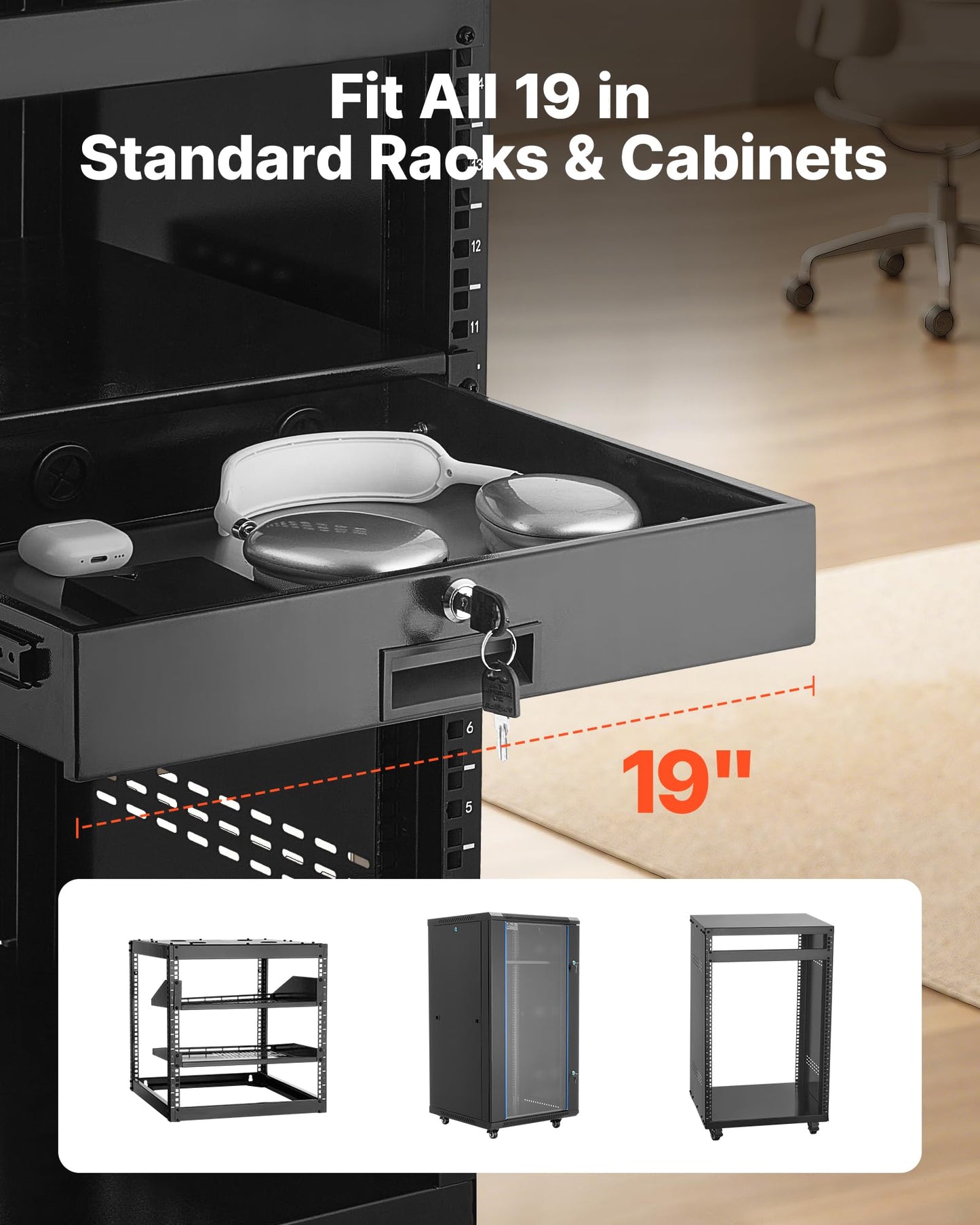 Vevor 2U Rack Mount Drawer, 50 Lbs Max Load-Bearing, Lockable Server Cabinet Case, Sliding Drawer With Lock And Cable Management