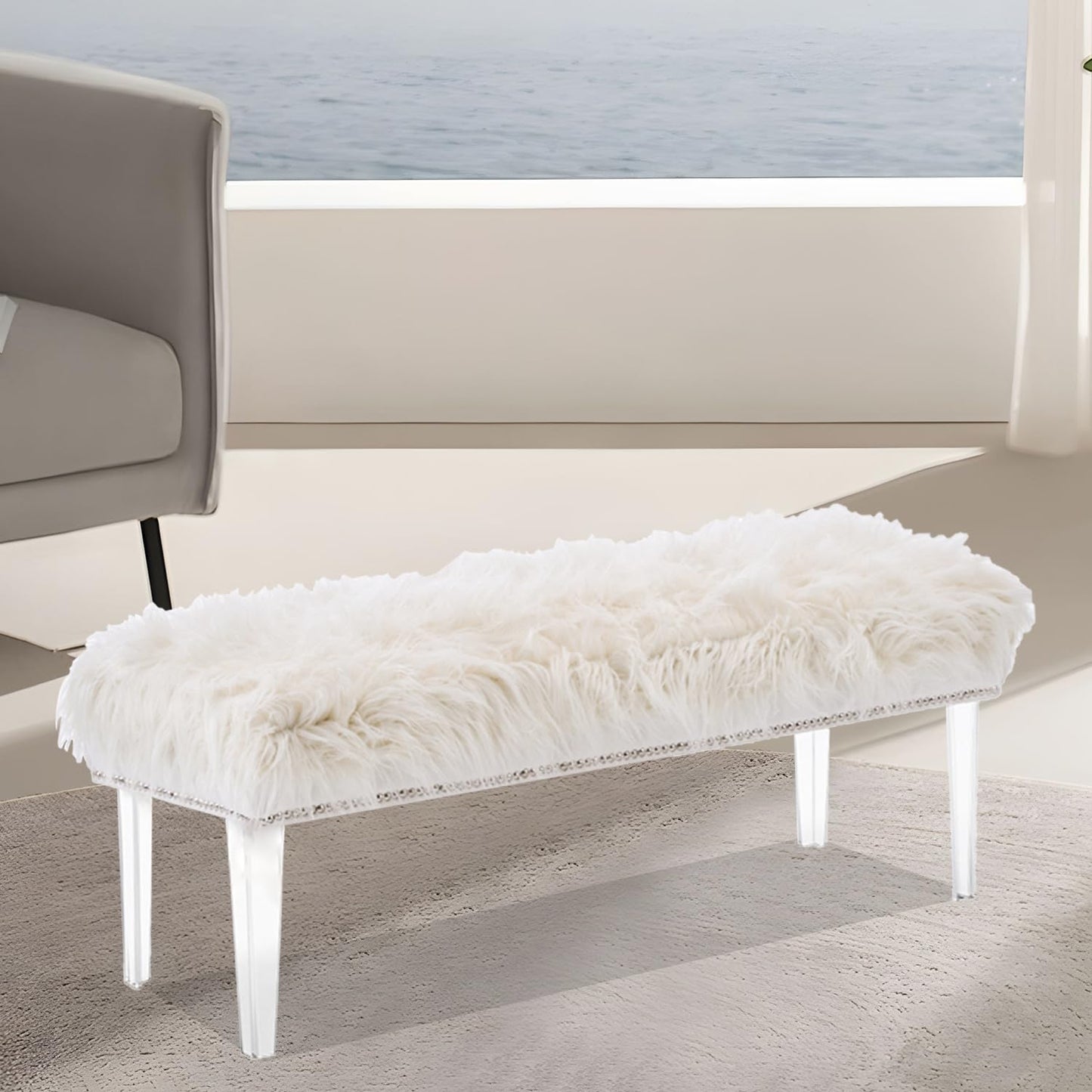 Deenziilix Entryway Ottoman Bench, Faux Fur Foot Rest Stool Shoe Bench, Upholstered Furry End of Bench, Ottoman Bench with Acrylic Legs for Bedroom, Makeup Room, Vanity or Bed End, Gift, White