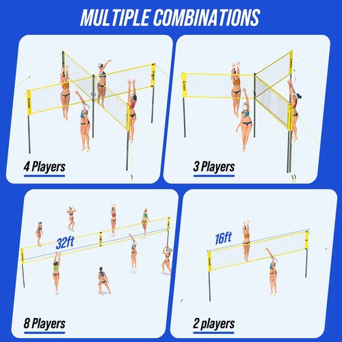 Patiassy 16FT 4 Square Volleyball Game Set with Adjustable Height, 4-Way Volleyball/Badminton Net Outdoor for Backyard, Lawn and Beach with Portable Carry Bag