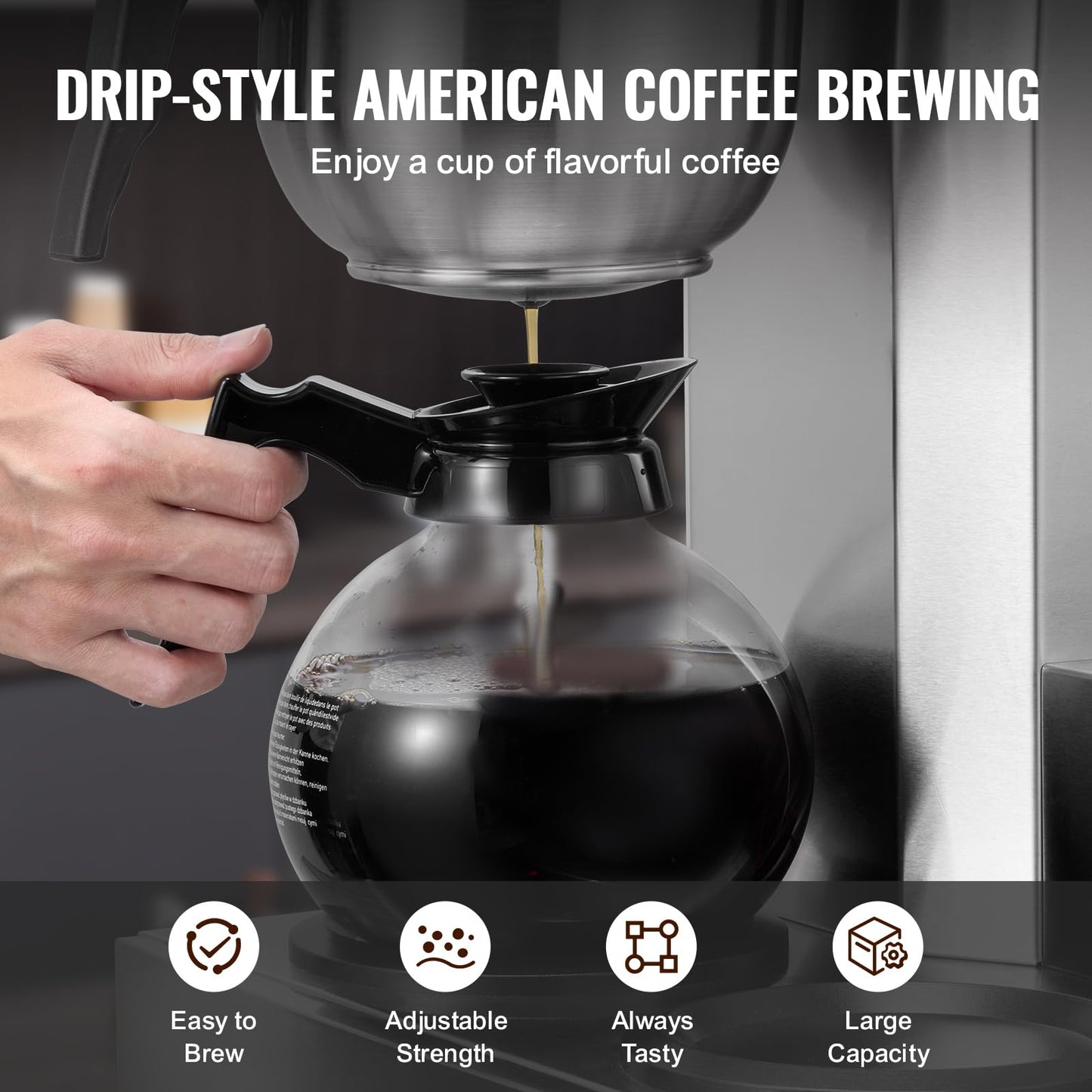 VEVOR 12 Cups Commercial Drip Coffee Maker, Coffee Maker Machine with 3 Glass Carafes and 3 Warmer Plates, Stainless Steel Pour Over Coffee Brewer for Restaurant, Office, Cafe
