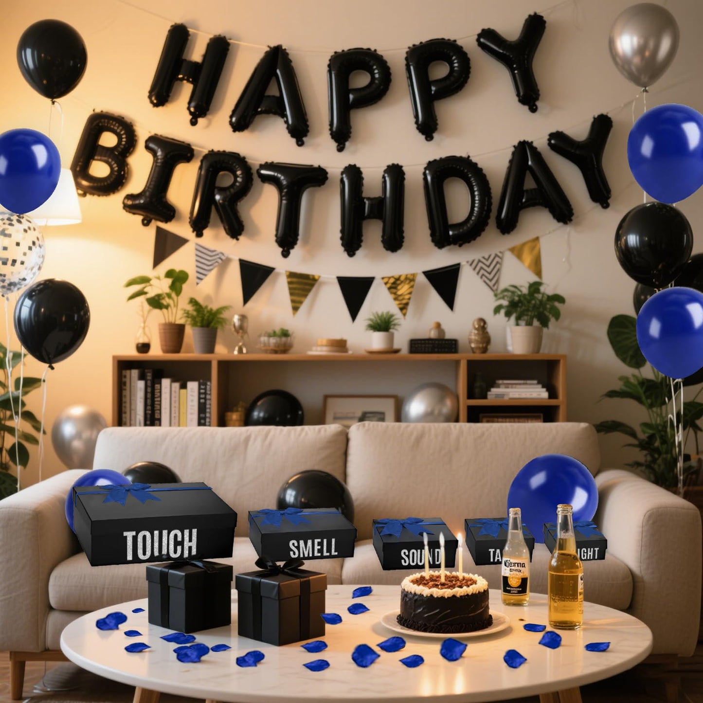 5 Senses Gift Boxes for Him Five Senses Gift Birthday Decorations Black Nesting Gift Boxes With Lids Happy Birthday Banner Balloon for Husband Boyfriend (Blue black)