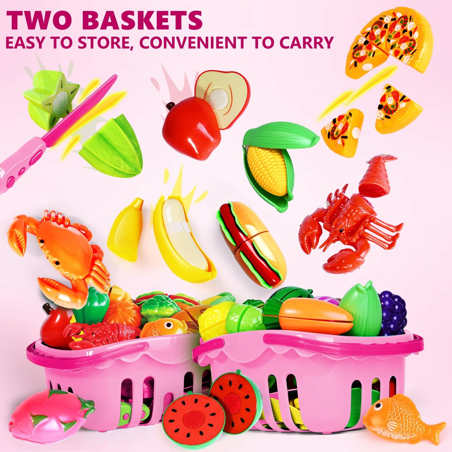 100 Pcs Play Food Set for Kids Kitchen, Pretend Food Toy for Toddlers, Play Kitchen Toys Accessories with 2 Baskets, Cutting Fake Food/Fruit/Vegetable, Christmas Birthday Gifts for Boys and Girls