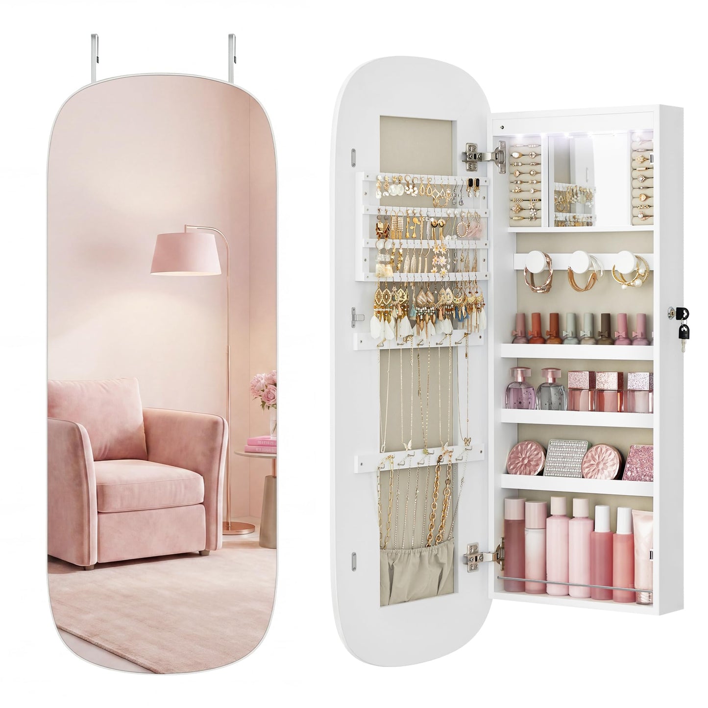 SONGMICS HOME Jewelry Armoire, Mirror Jewelry Cabinet, Full Length Mirror with Storage, Wall or Over The Door Jewelry Organizer Cabinet, Built-in LED, Lockable Armoire, White