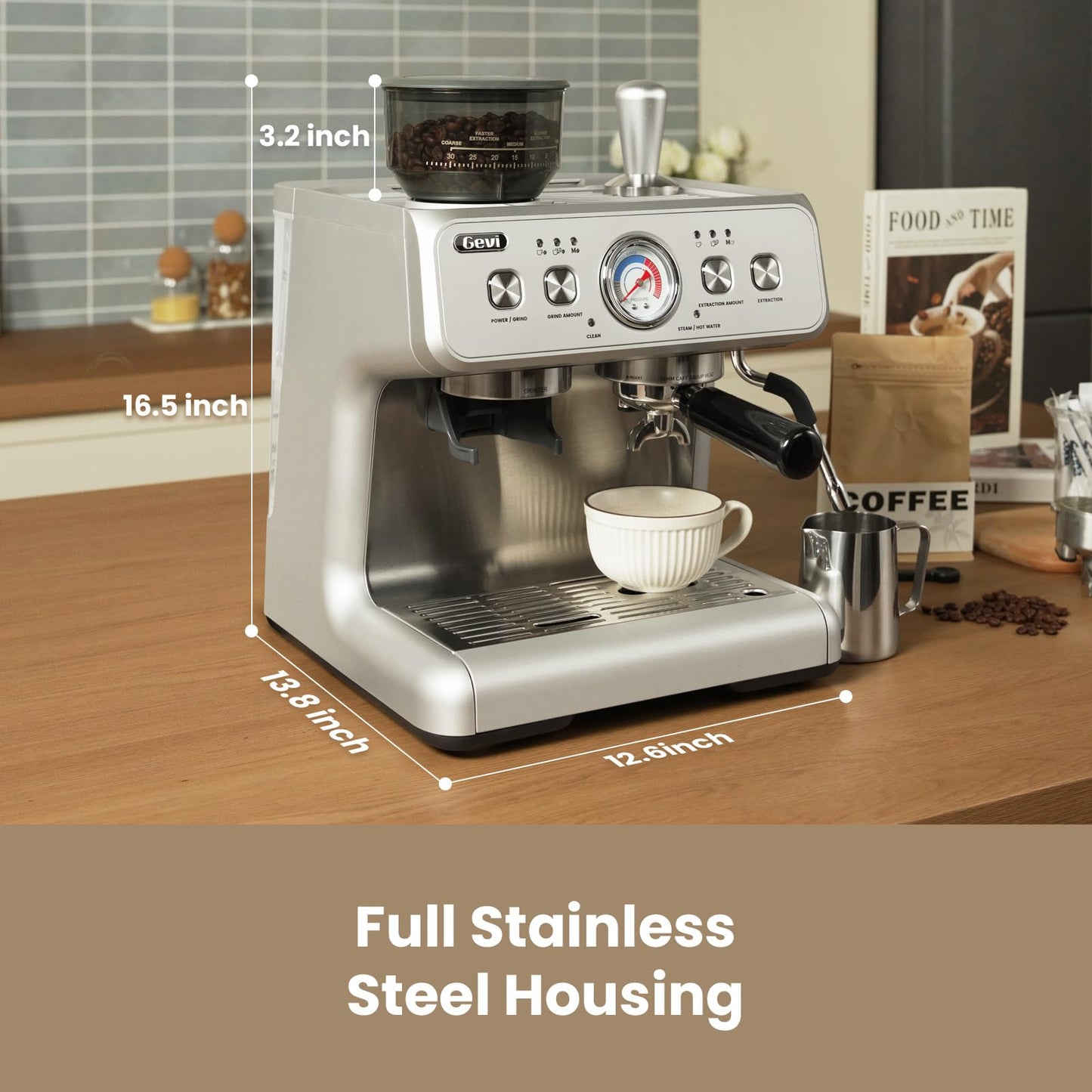 Gevi Dual Boiler Espresso Machine with Built-in Grinder, 58mm Commercial Portafilter, Barista Steam Wand, 31 Grind Settings, Stainless Steel, for Home Barista Use, Sterling Silver