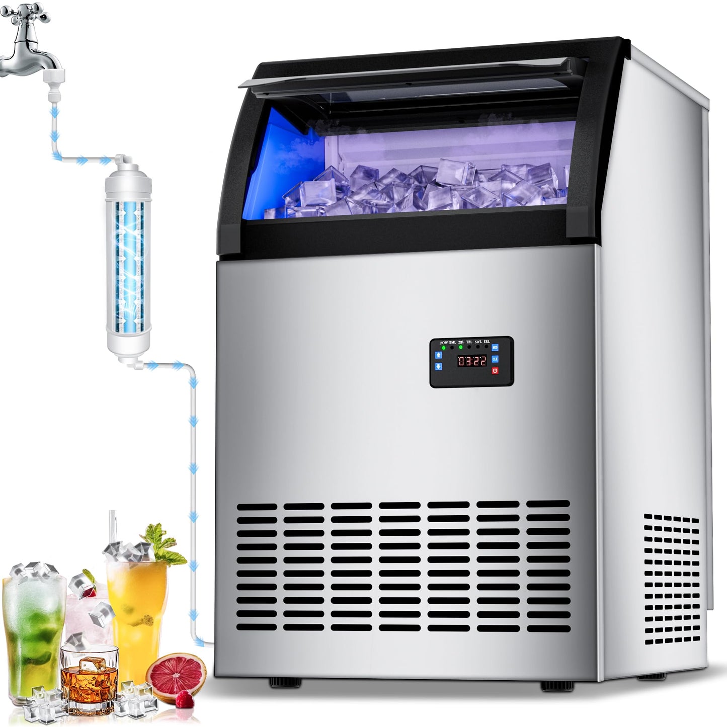 Commercial Gourmet Ice Maker Machine 150Lbs/24H,Stainless Steel Spray Ice Maker 60lbs Storage,50pcs Hat Cubes Per Cycle,Freestanding Ice Maker Self-Cleaning for Office, Restaurant, and Bar