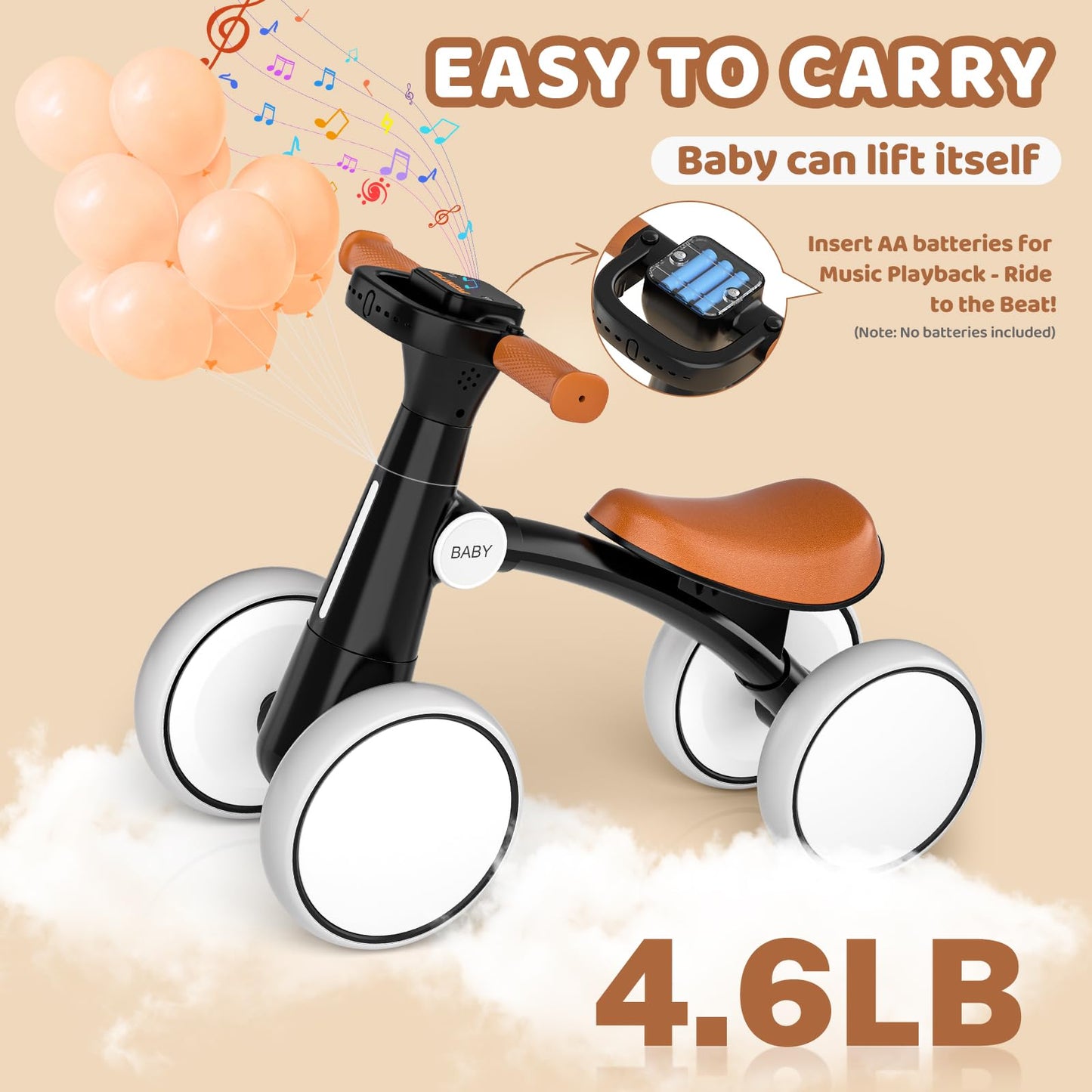 PTINTYE Baby Balance Bike for 1-3 Years (10-36 Months) with Colorful Lighting Wheels & Music, Soft Seat, 4 Silent No-Pedal Wheels – Ideal Toddler Gift for Birthday/First Bike
