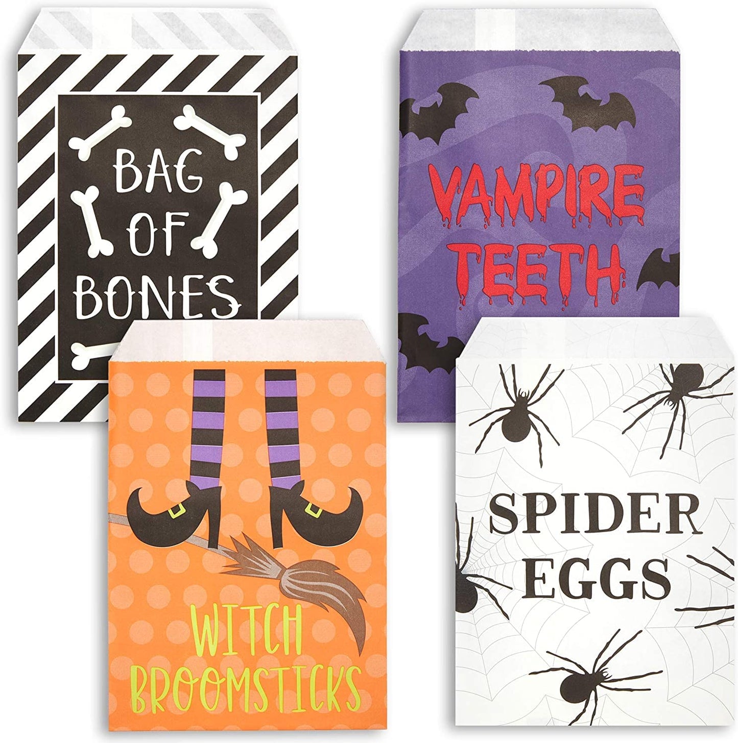 BLUE PANDA 100-Pack Halloween Paper Treat Bags - Small Candy and Favor Containers - 4 Spooky Designs: Vampire Teeth, Witch Broomsticks, Bag of Bones & Spider Eggs (7.5"x5.2")