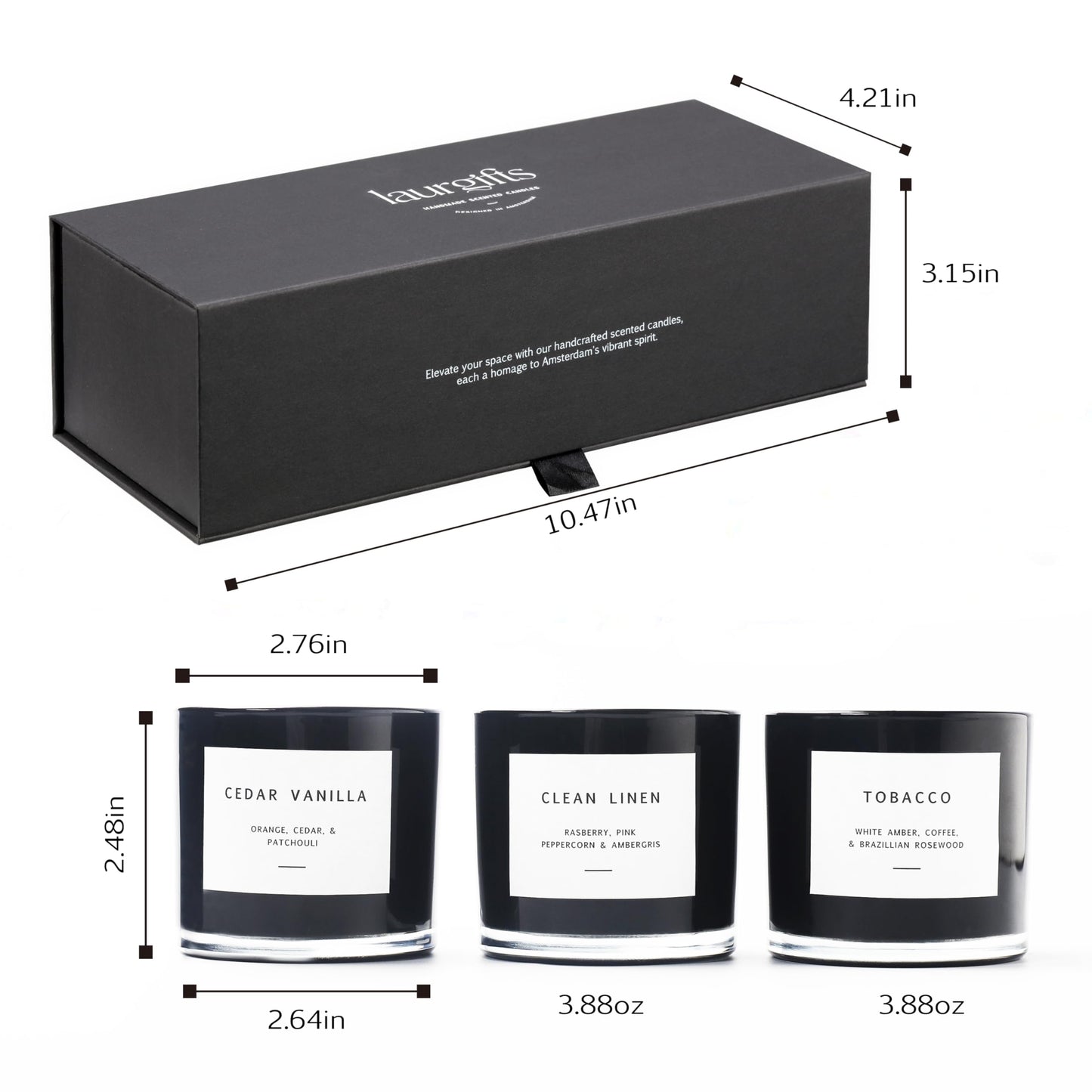 Scented Candles for Men – Masculine Candle Gift Set of 3 with Tobacco, Cedar Vanilla & Clean Linen – Luxury Black Candles Gift Box, Birthday Gifts for Men, Candles for Boyfriend, Christmas Gifts