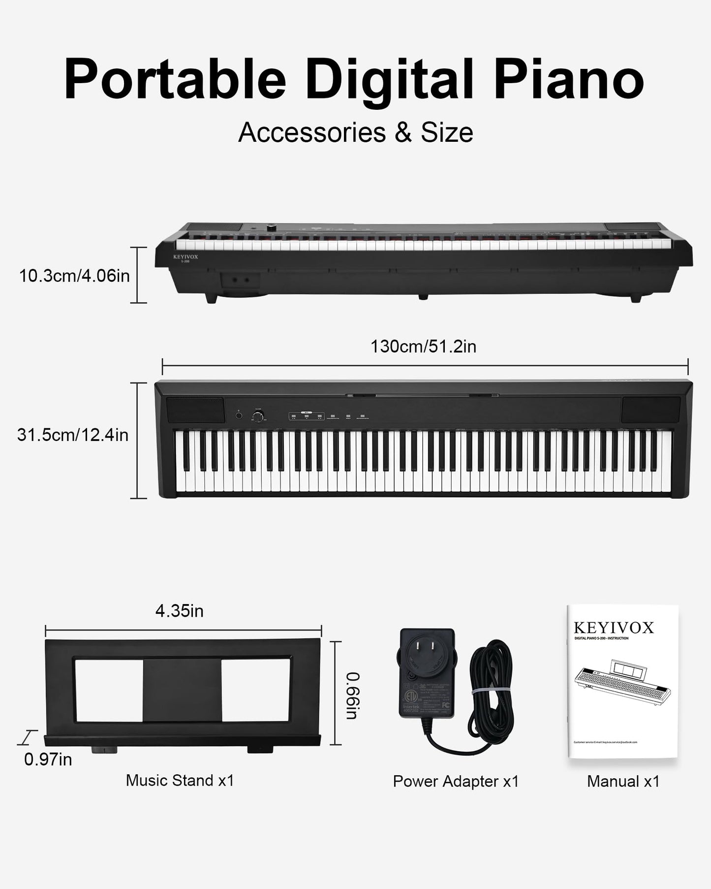 KEYIVOX S-200 Beginner Keyboard Piano - 88 Key Full-Size Weighted Digital Piano, Portable Electric Piano with Sustain Pedal, Power Supply, Dual Headphone Jack, USB-MIDI, and MP3 Player,Black