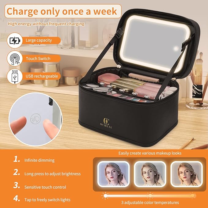 OCHEAL Makeup Bag With LED Mirror, Travel Makeup Bag With 3 Color Setting Light Up Mirror Cosmetic Makeup Organizer Vanity Case for Women Beauty Tools Accessories Rechargeable Makeup Travel Bag-Black