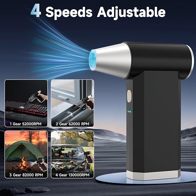 2 in 1 Electric Air Duster and Vacuum,130,000 RPM Powerful Cordless Compressed Air Duster,4 Gear Adjustable Handheld Air Blower,Rechargeable Car Vacuum for Computer,Keyboard,Electronic,Home,Outdoor