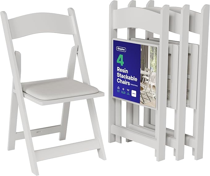 SIMPLEX 4 White Folding Chairs – Resin Stackable Foldable Chairs with Padded Seats – Comfortable White Folding Chairs for ...