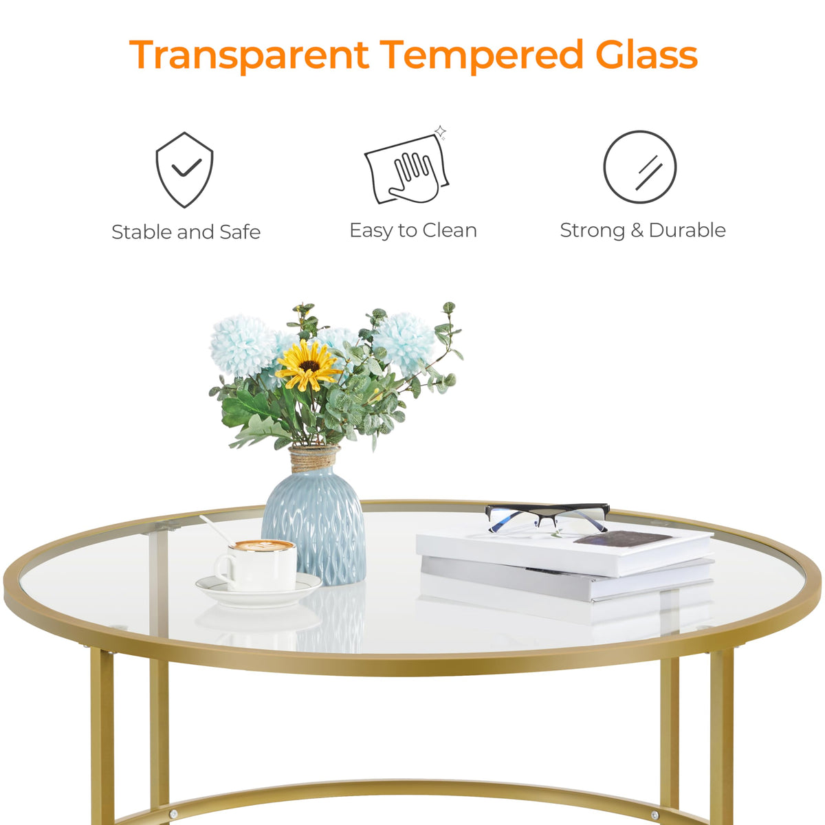 Yaheetech Gold Glass Coffee Table for Living Room, 36" Round Glass Coffee Table with Metal Frame, Circle Coffee Table for Home, Office, Apartment