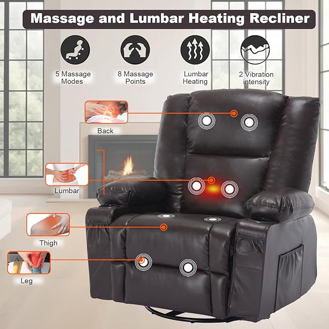 Massage Swivel Rocker Recliner with Heat, Brethable Leather Rocking Recliners Chair for Living Room, Modern Manual Recliner with Cup Holders, Overstuffed Single Sofa Chairs for Adults, Red Brown