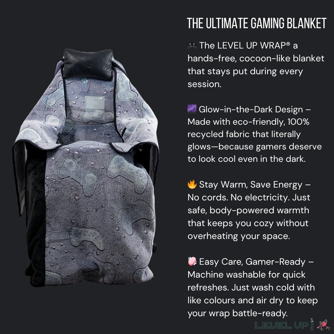 LEVEL UP WRAP® – Glow-in-The-Dark Gaming Chair Blanket with Hood | Cozy, Oversized Fit | Secure Attachment | Easy-Wash, Eco-Friendly Fleece | Gamer Gift | Pattern: Cosmic Controllers