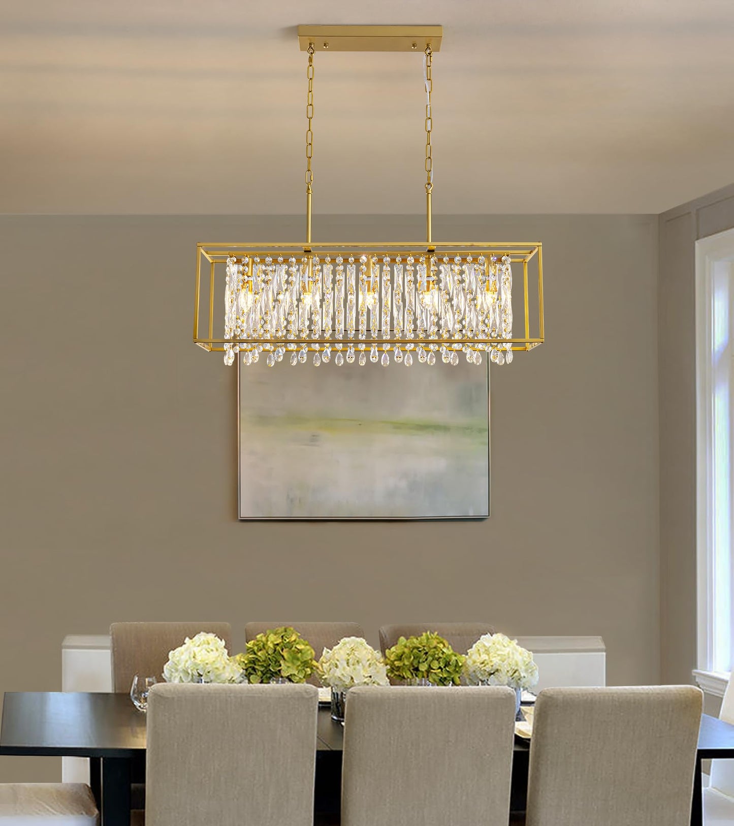 Siljoy Rectangular Gold Crystal Chandelier for Dining Room, 5-Light Modern K9 Crystal Raindrop Chandelier Luxury Crystal Pendant Ceiling Light for Living Room Kitchen Island L35.4'' x W11'' x H12''