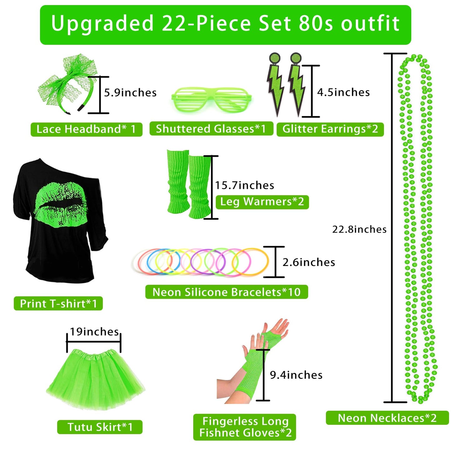 RonFoxi Plus Size 80s Costumes Accessories Setsfor Women,Retro 80s Clothing Green Tutu Skirt T-Shirt for Themed Party(Green-2XL)