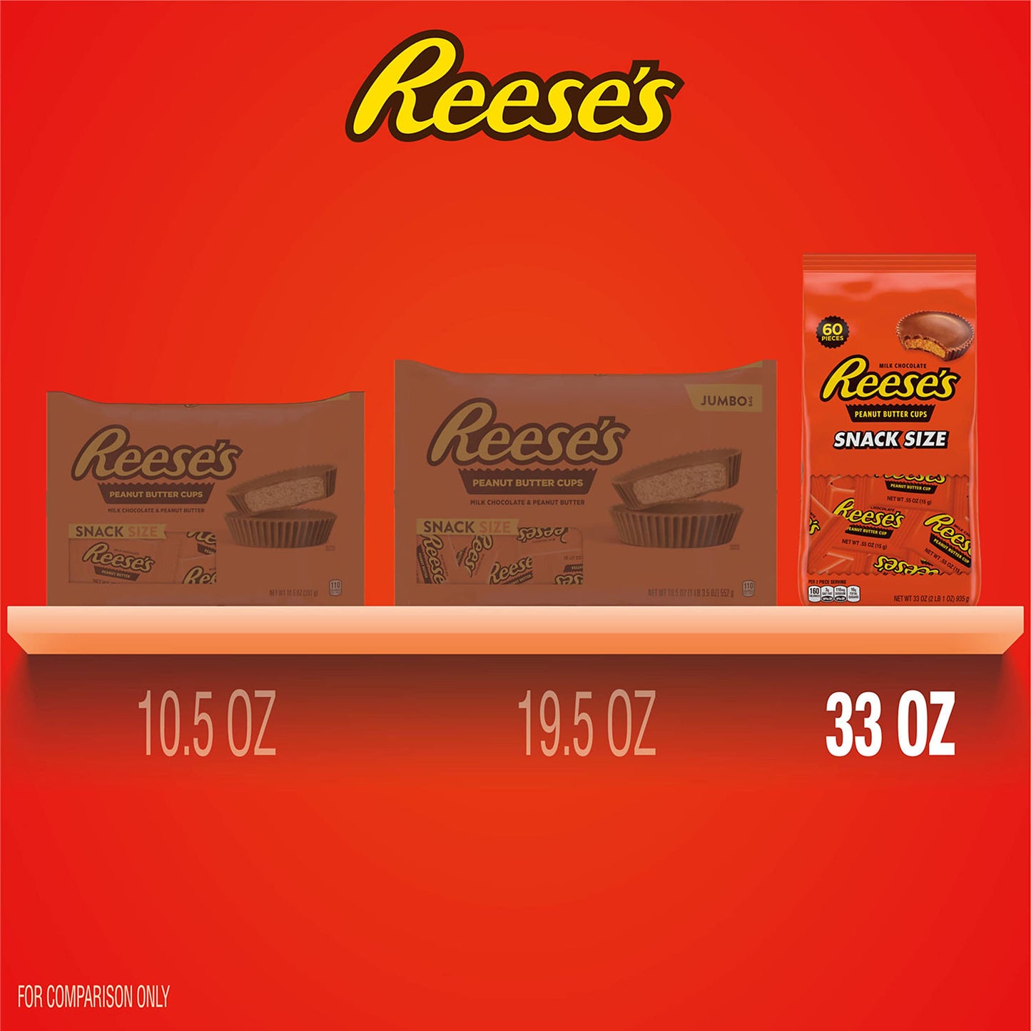 REESE'S Milk Chocolate Snack Size Peanut Butter Cups, Candy Bag, Halloween Candy, 33 oz (60 Pieces)