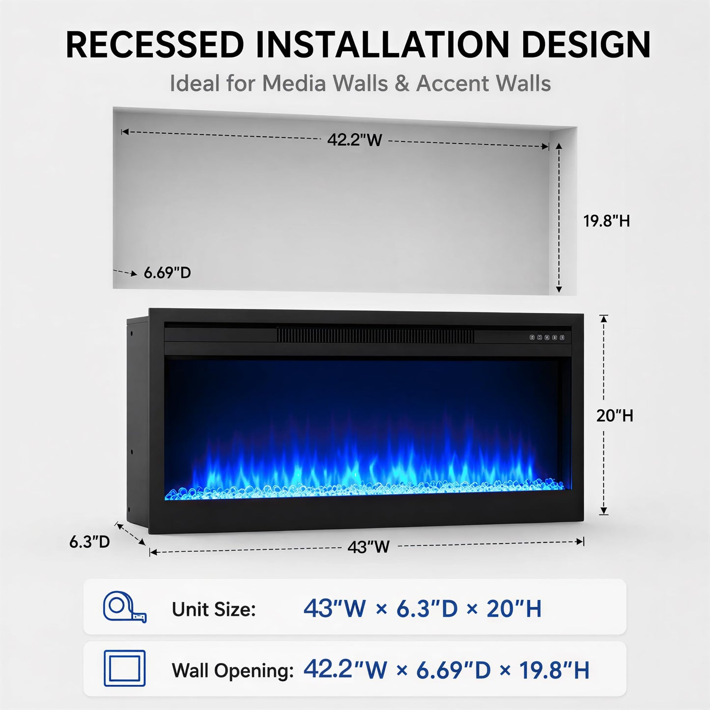 MEGAWISE 43 Inch Recessed Electric Fireplace Heater, Built-in Wall Fireplace Insert, 1400W, Remote & Touch Control, 7 Flame & Ember Bed Colors, Adjustable Thermostat, Timer, Black