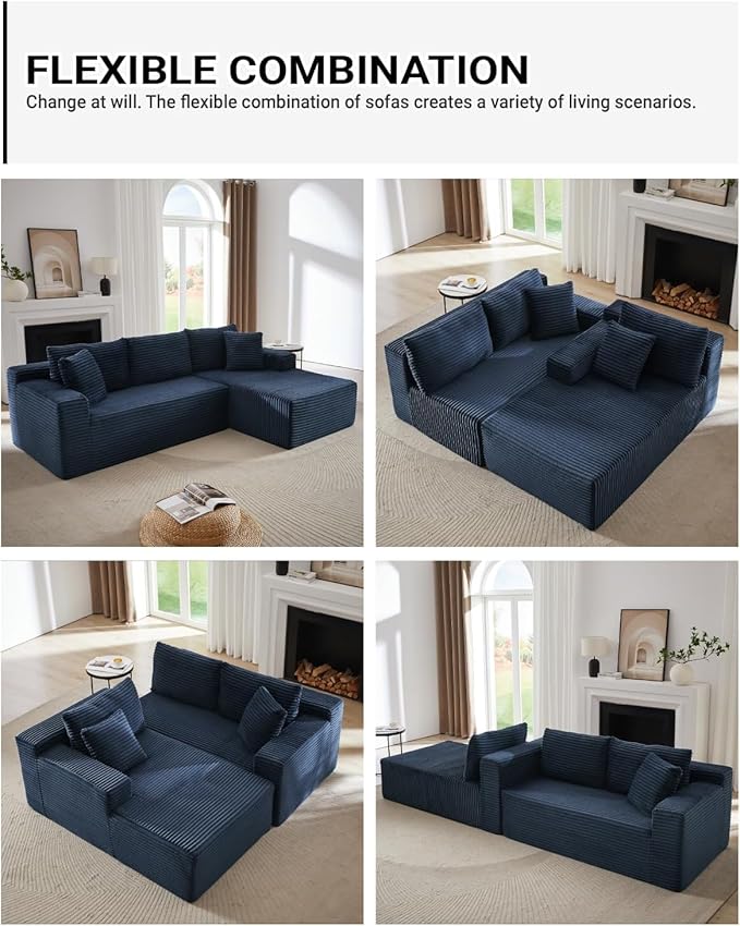 Vanress Cloud Couch Sectional, Corduroy Boneless Couch with L-Shape Chaise, Modern Modular Sectional Sofa Comfy Deep Seat for Living Room, Bedroom, No Assembly (Blue, Right Facing Chaise)