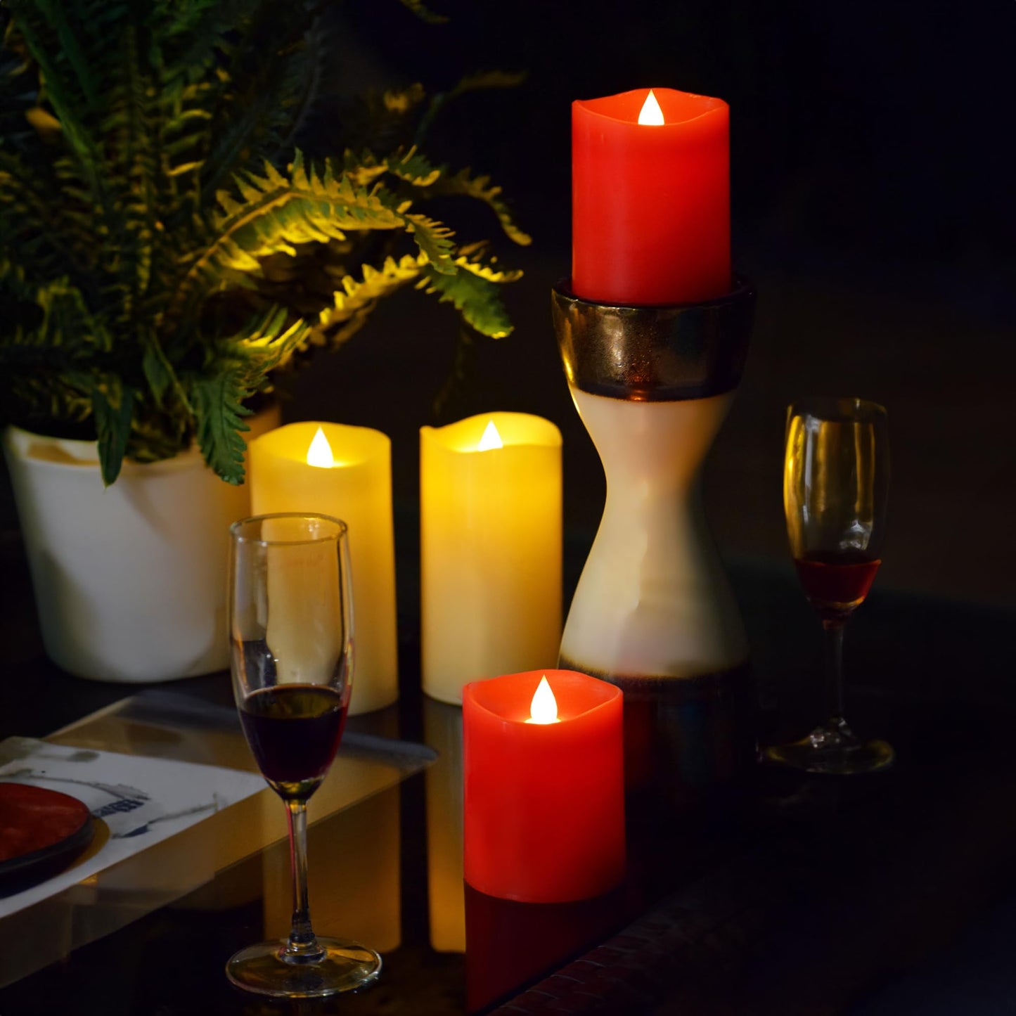 GyrHub Flameless Candles Last 1300+ Hours Real Wax Flame Effect Auto-Moving 3D Wick, LED Pillar Candles with Timers Battery Operated - Red 6“6”