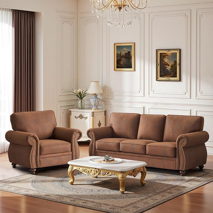 Couchus Mid-Century Vintage Sofa Couches with Rivet Design,3-Seater Sofa,Removable Sofa Cover Upholstered Cushions and Solid Wood Frame (Caramel, 3-Seater)
