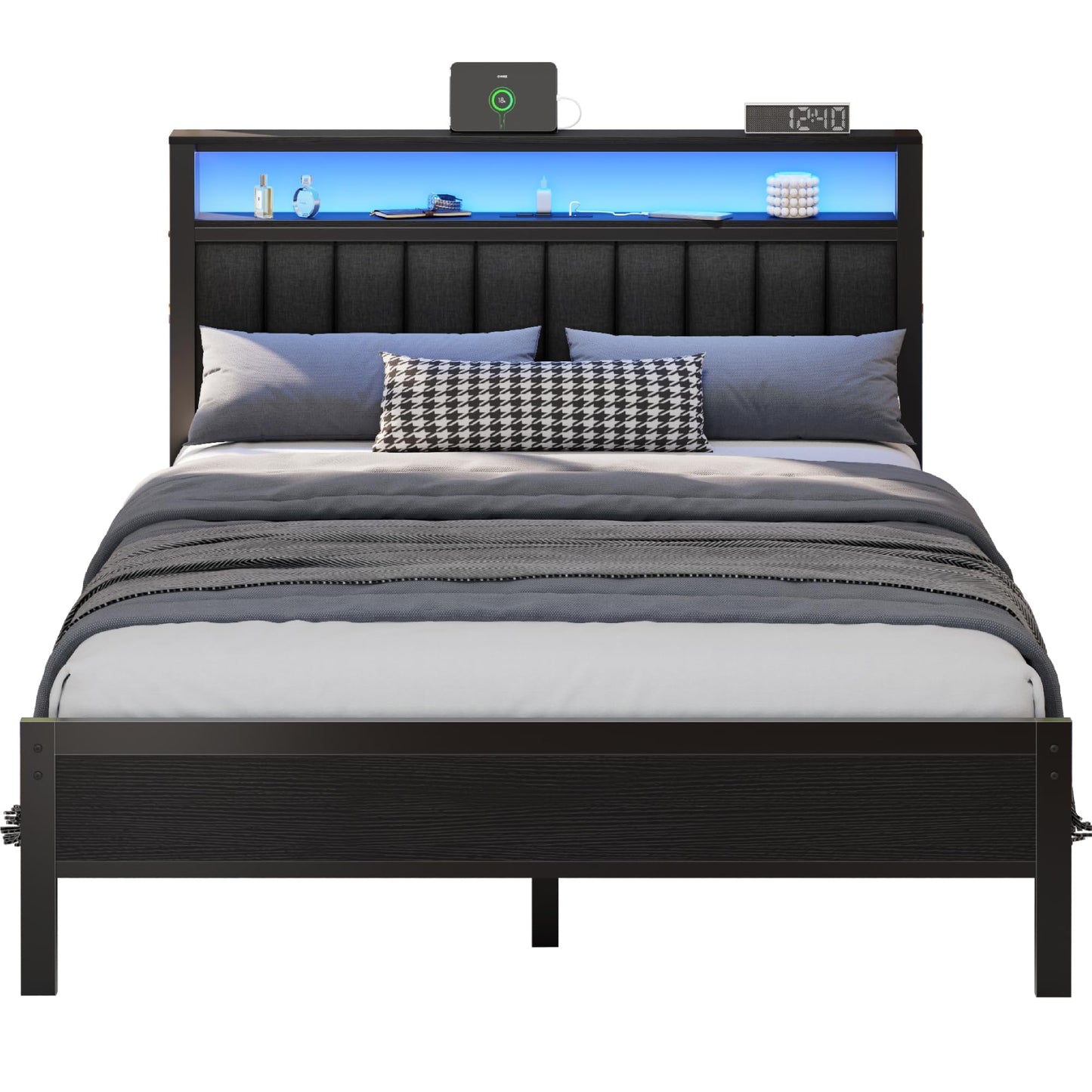 Furnulem Queen Size Bed Frame with Charging Station and LED Lights, Platform Bed with Metal Slats, Grey Upholstered Headboard with 2-Tier Storage Shelves, No Box Spring Needed